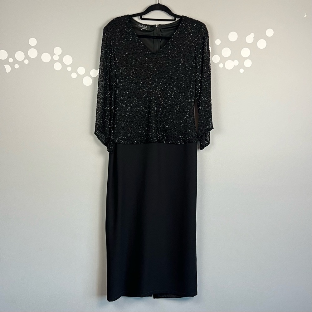 JKara New York Black Sequin Chiffon Overlay Dress Size 8